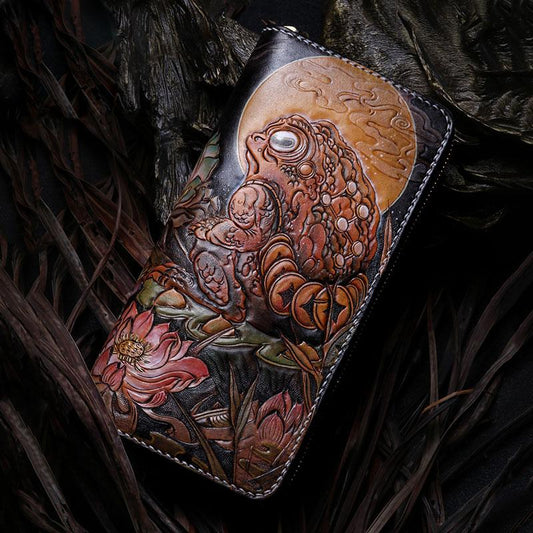 Handmade Leather Mens Clutch Wallet Cool Gold Toad Triped Crow Tooled Wallet Long Zipper Wallets for Men