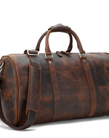 Cool Vintage Brown Leather Men Barrel Overnight Bags Travel Bags Weekender Bags For Men