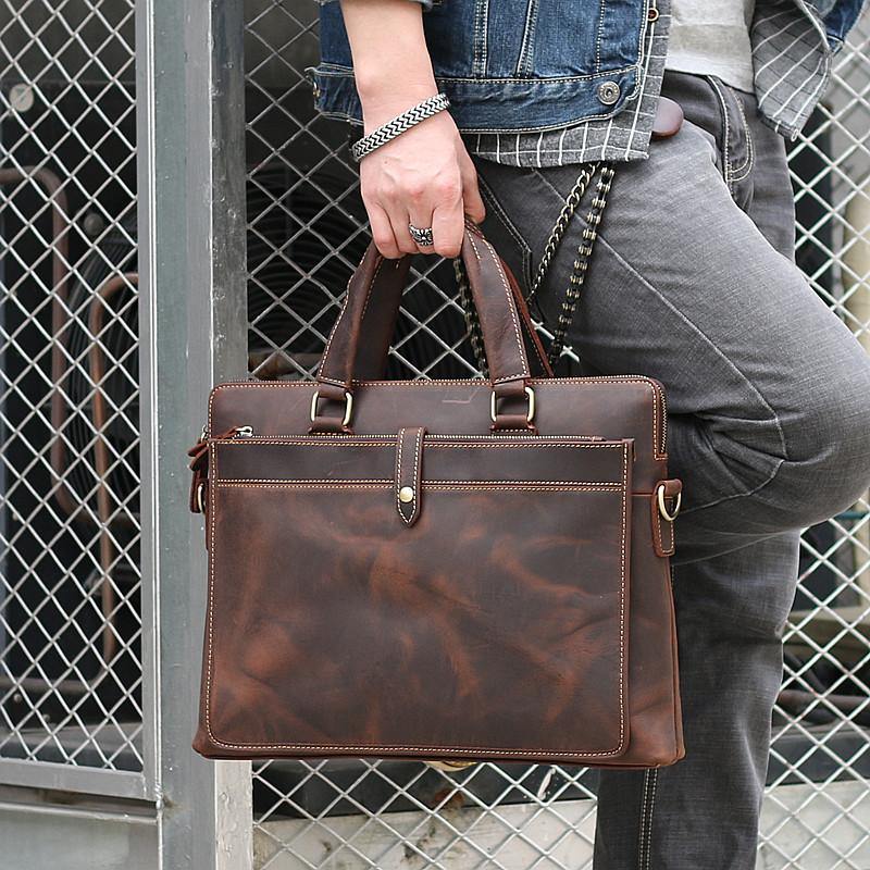 Vintage Dark Brown Mens Leather Briefcase Work Handbags Black 14'' Computer Briefcases For Men