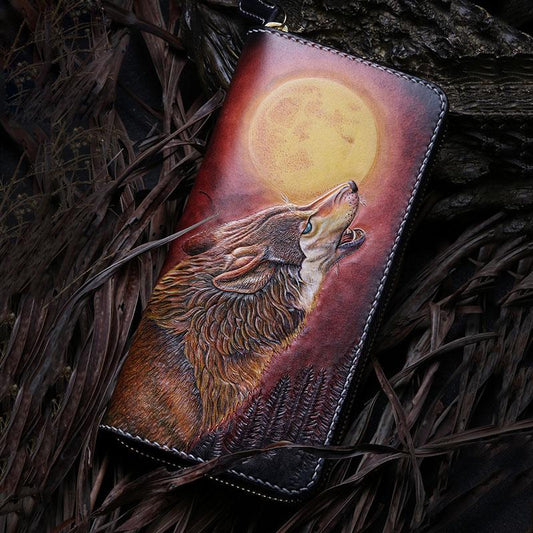 Handmade Leather Mens Clutch Wallet Cool Wolf Tooled Wallet Long Zipper Wallets for Men