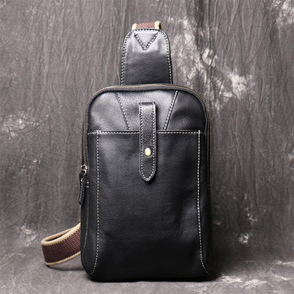 Fashion Black Leather Sling Backpack Men's Sling Bag Black Chest Bag One shoulder Backpack Black Sling Pack For Men