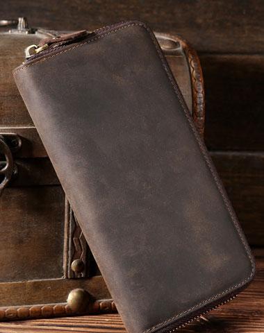 Vintage Leather Mens Long Wallet Zipper Clutch Wallet For Men