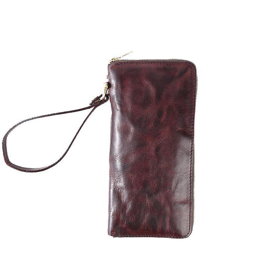 Cool Leather Mens Clutch Simple Brown Wallet Zipper Clutch Wristlet Phone Purse for Men