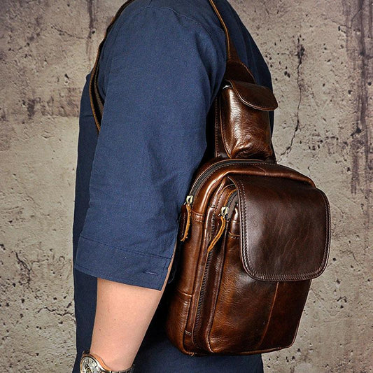 Leather Mens Sling Bag One Shoulder Backpack Chest Bag Sling Backpack for men