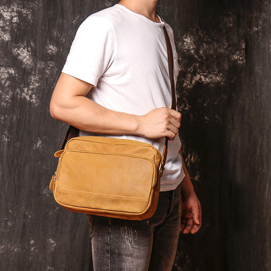 Tan Leather Men's Messenger Bag Side Bag iPad Courier Bags Tan Postman Bag For Men