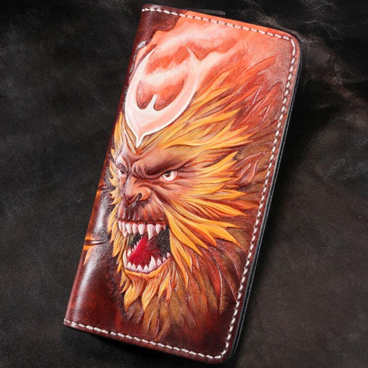 Handmade Leather Men Tooled Monkey King Cool Leather Wallet Long Phone Wallets for Men