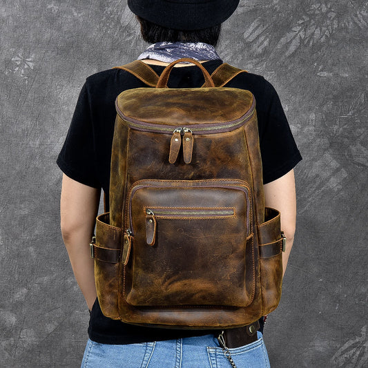 Brown Leather Mens 14' Laptop Large Backpack Hiking Backpack Travel Backpack College Bag for Men