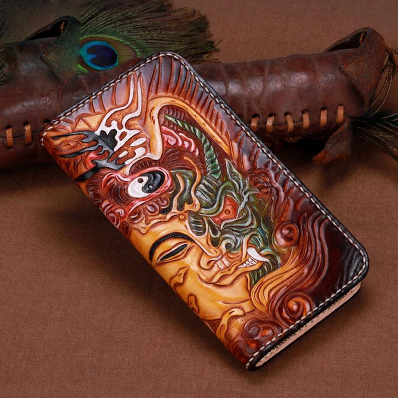 Handmade Leather Mens Clutch Wallet Cool Buddha&Demon Tooled Wallet Long Zipper Wallets for Men