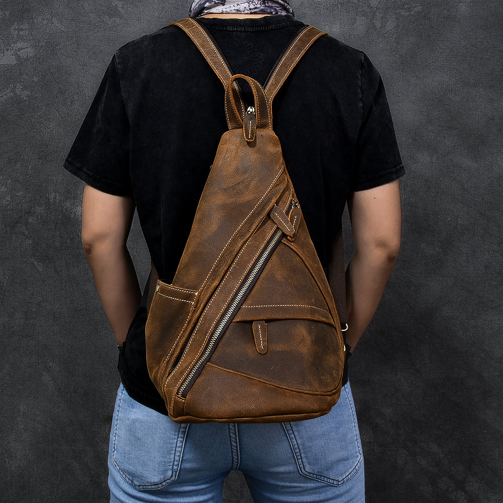 Vintage Leather Mens 16' Backpack Sling Bag Brown Chest Bag One Shoulder Backpack for Men