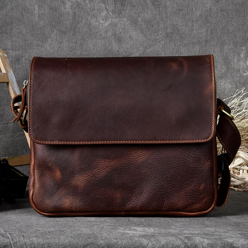 Cool Leather Mens 8¡®¡¯ Red Brown Small Side Bag Small Messenger Bag Shoulder Bag For Men