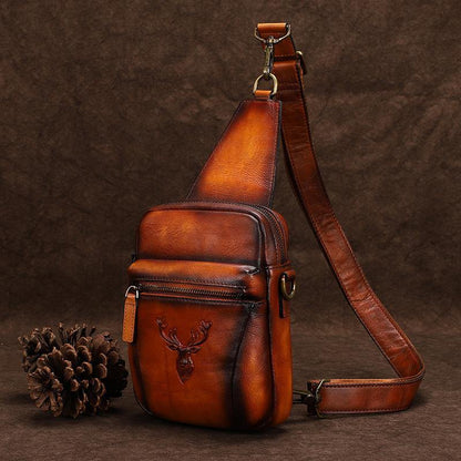 Vintage Brown Leather Deer Womens Men's Sling Bag Chest Bag Sling Pack Sling Backpack For Men