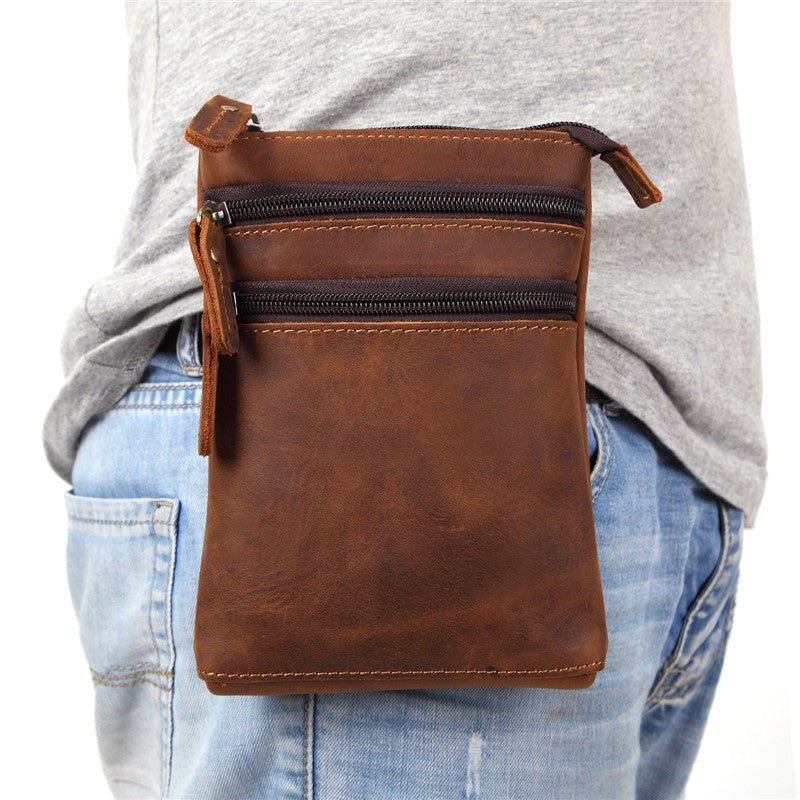 Vintage Leather Men's Belt Pouch Cell Phone Holster Brown Mini Side Bag For Men