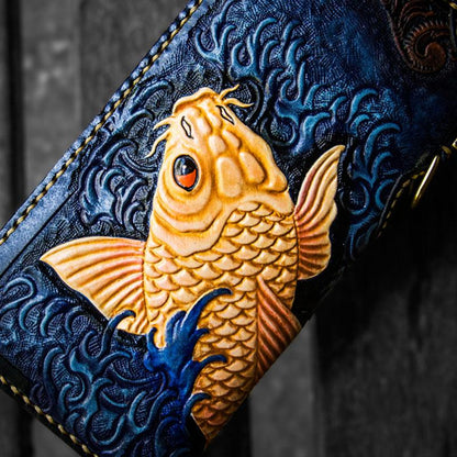 Handmade Leather Men Tooled Carp Cool Leather Wallet Long Phone Wallets for Men