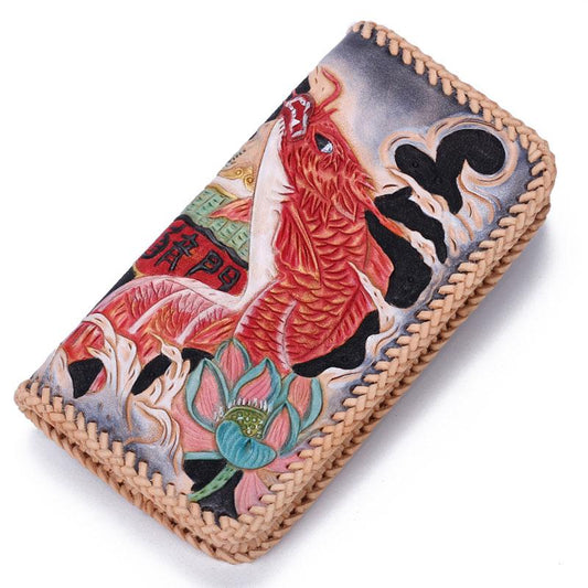 Handmade Leather Mens Clutch Wallet Cool Carp Tooled Wallet Long Zipper Wallets for Men