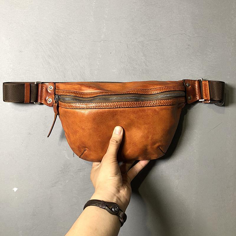 Black Cool Leather Men Small Fanny Pack Waist Bag Hip Pack Tan Belt Bag Bumbag for Men