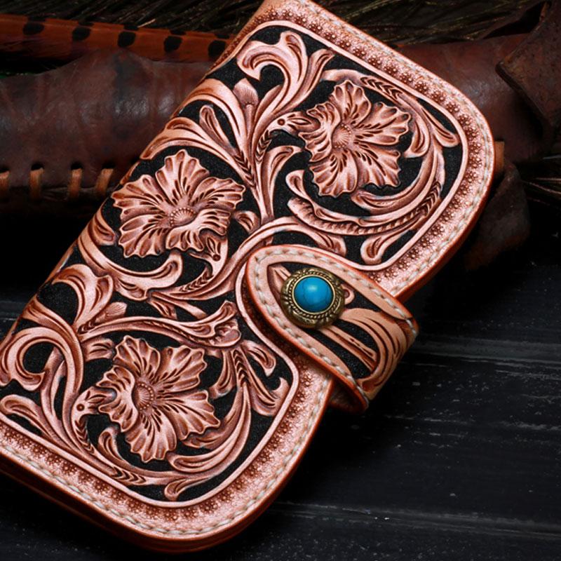 Handmade Leather Tooled Floral Mens Clutch Wallet Cool Wallet Long Wallets for Men Women