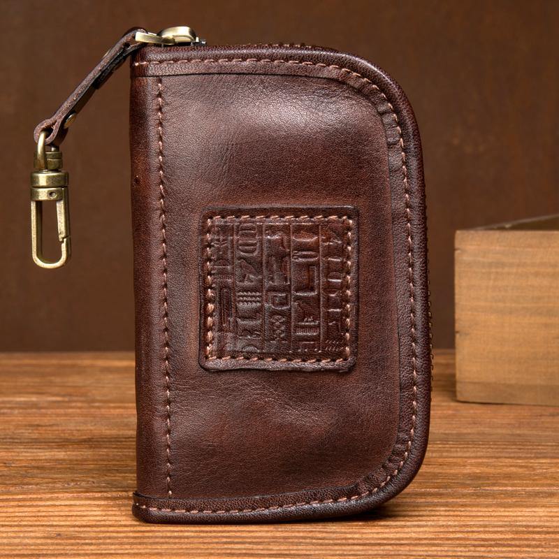 Brown Leather Mens Small Car Key Wallet Brown Key Holder Coin Purse Brown Card Holder For Men