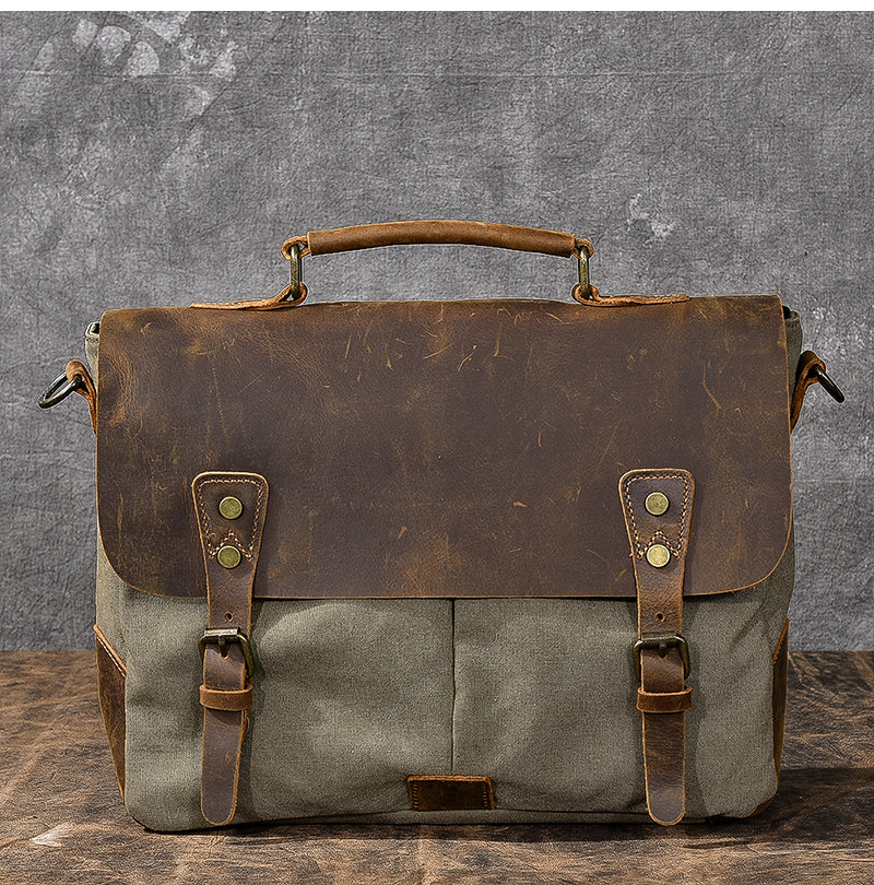 Waxed Canvas Leather Mens 14' Large Side Bag Green Postman Bag Messenger Bag For Men