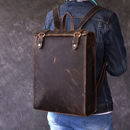 Vintage Leather Mens 14' Brown Computer Backpack Black Travel Backpack College Backpack for Men