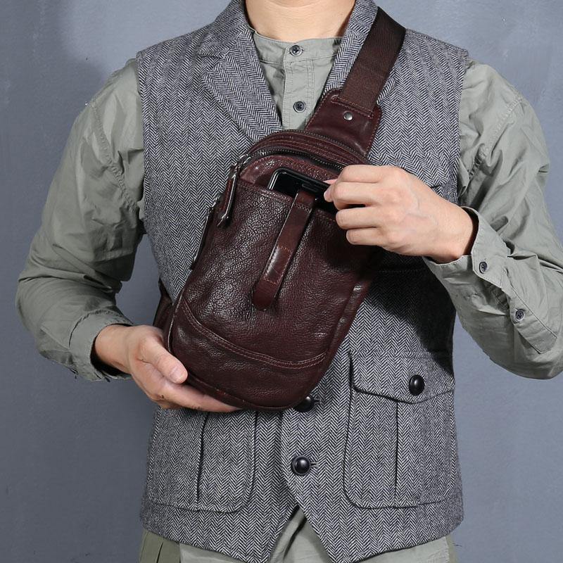 Casual Tan Leather Mens Chest Bag Sling Bag Coffee Crossbody Pack One Shoulder Backpack for Men