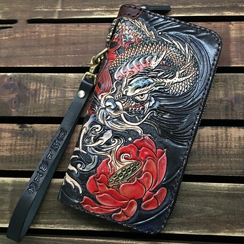 Black Handmade Chinese Dragon Tooled Leather Long Biker Wallet Chain Wallet Clutch Wallet For Men