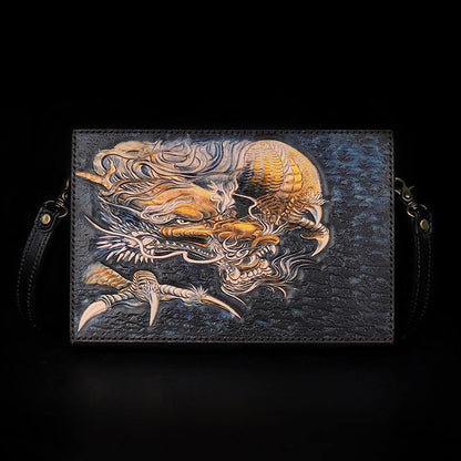 Handmade Black Tooled Chinese Dragon Leather Clutch Wristlet Bag Messenger Bags Side Bag For Men