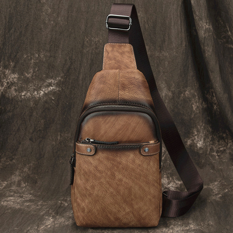 Vintage Brown LEATHER MENS One Shoulder Backpack Cool Chest Bag SLing Bag For Men