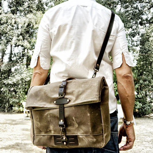 Cool Waxed Canvas Leather Mens 14'' Messenger Bag Motorcycle Side Bag Handbag For Men