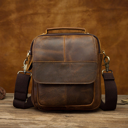 Vintage Brown Leather Mens Small Vertical Side Bag Shoulder Bags Messenger Bag For Men