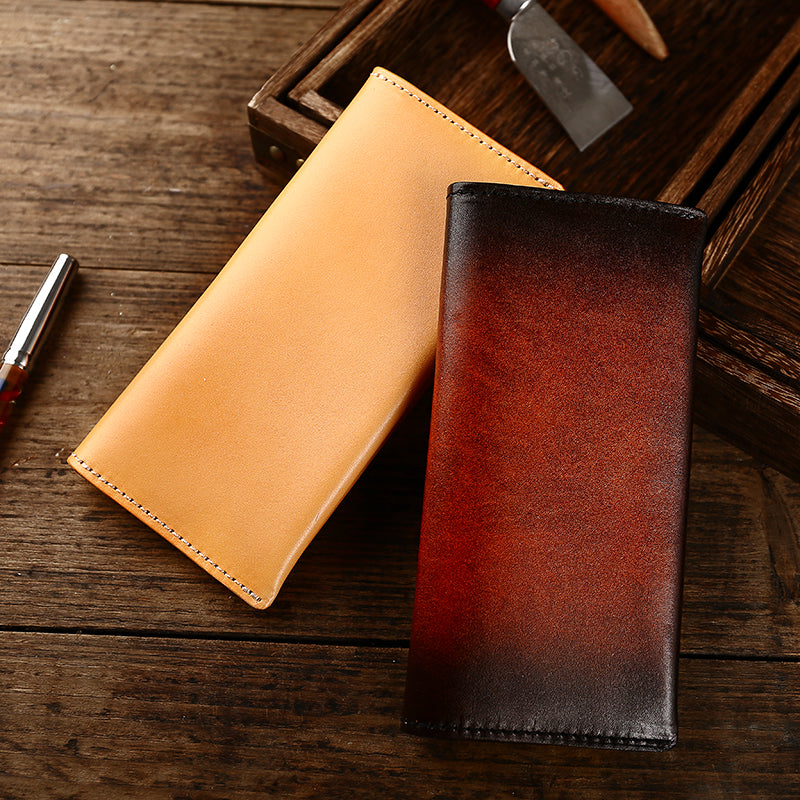 Casual Retro Leather Mens Wine Red Slim Long Wallet Light Beige Bifold Card Wallet Clutch Wallet For Men