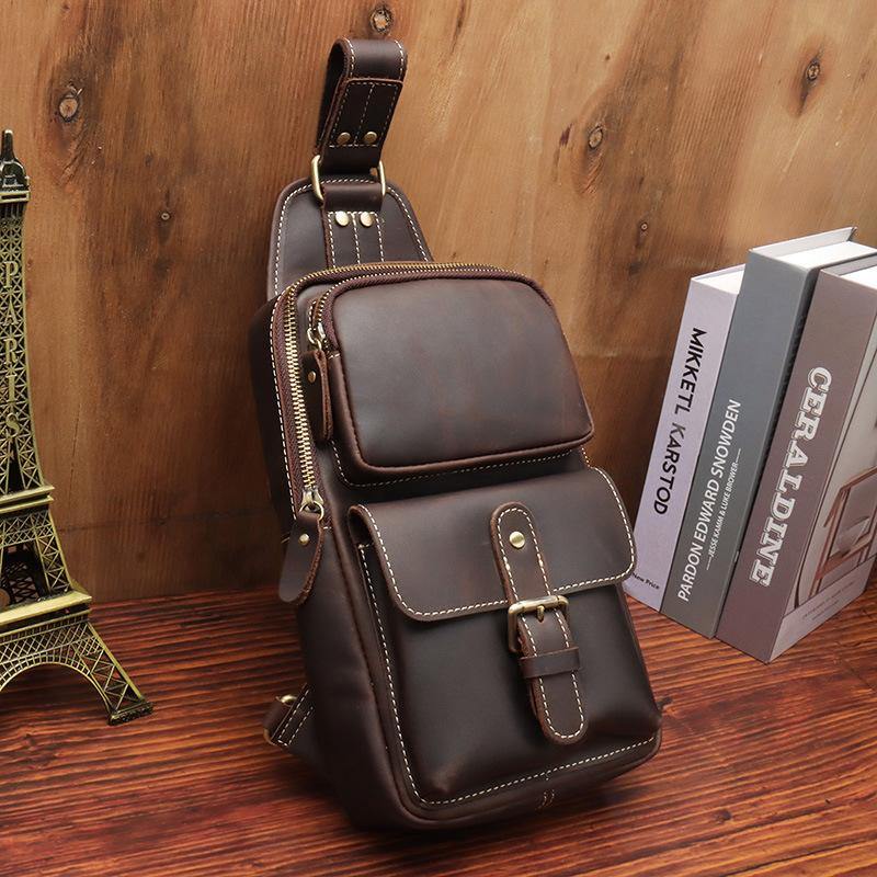 Brown Leather Men's Sling Bags Best Sling Pack Chest Bag One Shoulder Backpack For Men