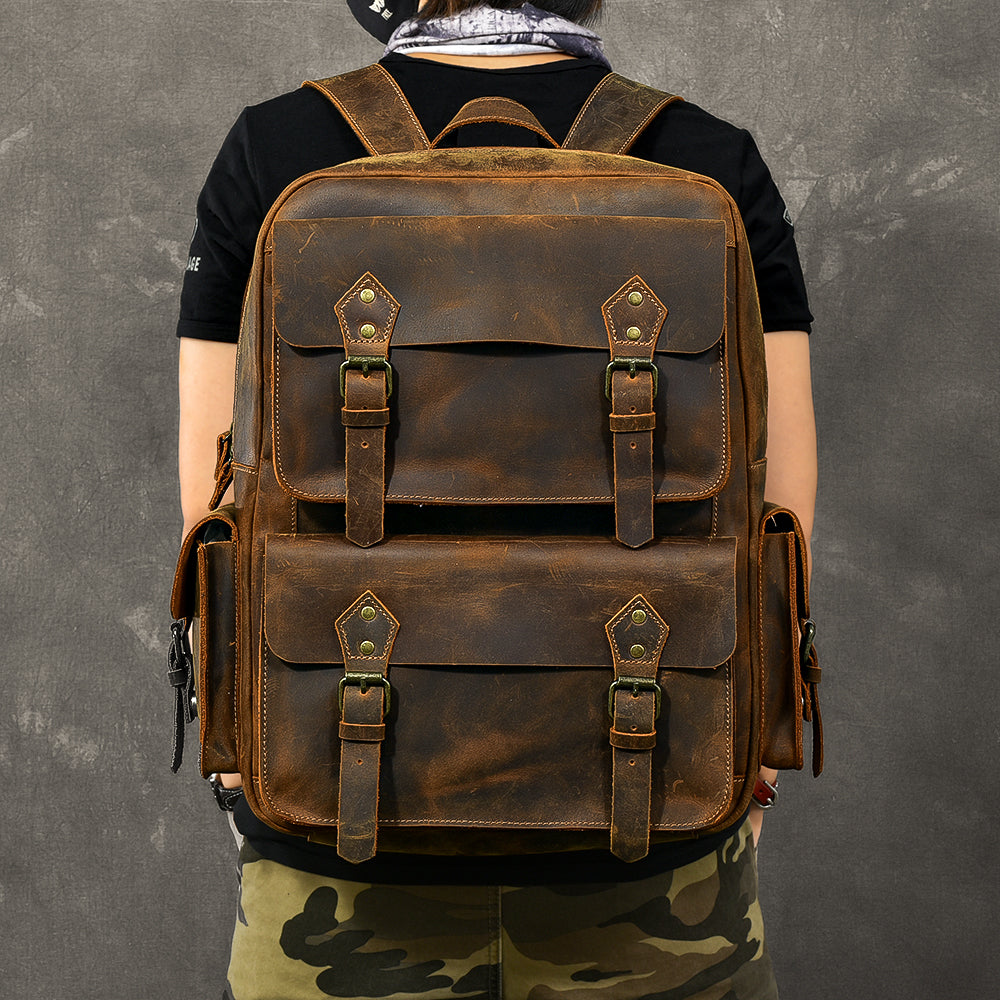 Cool Leather Mens 15' Brown Hiking Backpack Travel Backpack Laptop College Backpack for Men