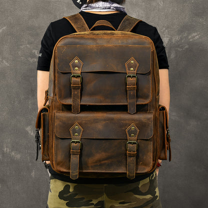 Cool Leather Mens 15' Brown Hiking Backpack Travel Backpack Laptop College Backpack for Men