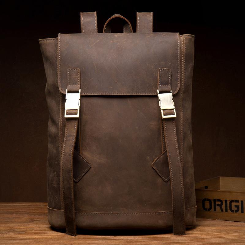 Casual Dark Brown Leather Mens 14 inches School Backpacks Satchel Backpack Computer Backpack for Men