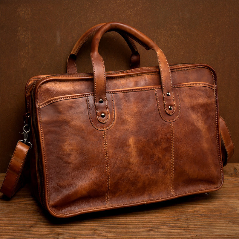 Brown Leather Mens 15 inches Large Briefcase Laptop Side Bag Black Travel Handbag Work Bag for Men