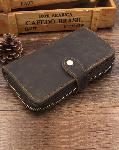 Vintage Coffee Mens Leather Cool Long Wallets Bifold Long Wallets for Men