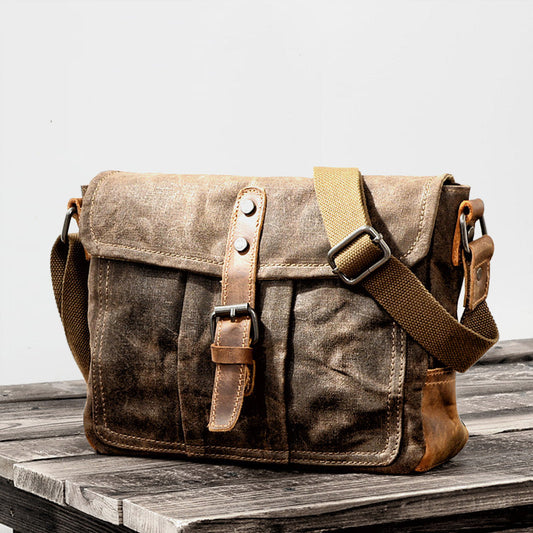 Cool Waxed Canvas Leather Mens Casual Green Gray Motorcycle Side Bag Messenger Bag Backpack For Men