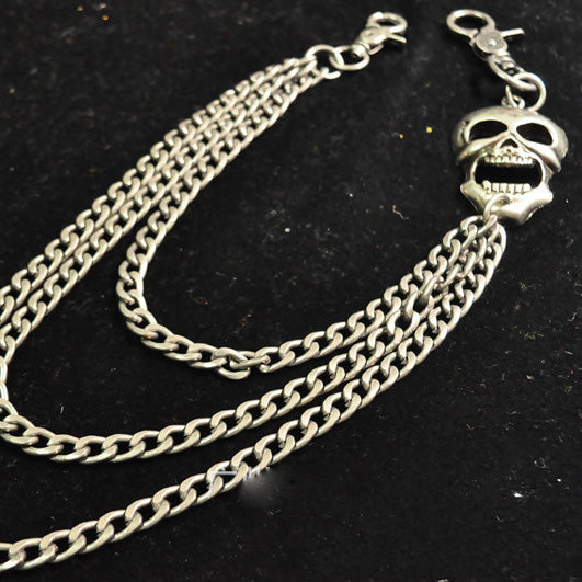 Cool Men's Silver Triple Skull Pants Chain Long Punk Skull Wallet Chain For Men