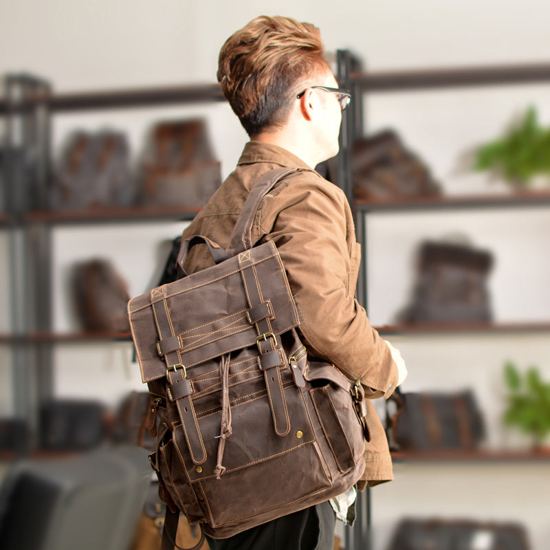 Cool Canvas Mens Vintage Large Black Backpack Computer Khaki Backpack Travel Backpack Hiking Backpackfor Men