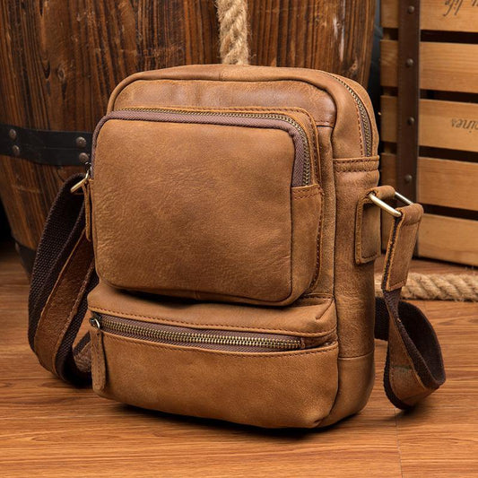 Cool Khaki Leather 10 inches Vertical Side Bag Messenger Bag Tan Courier Bag for Men