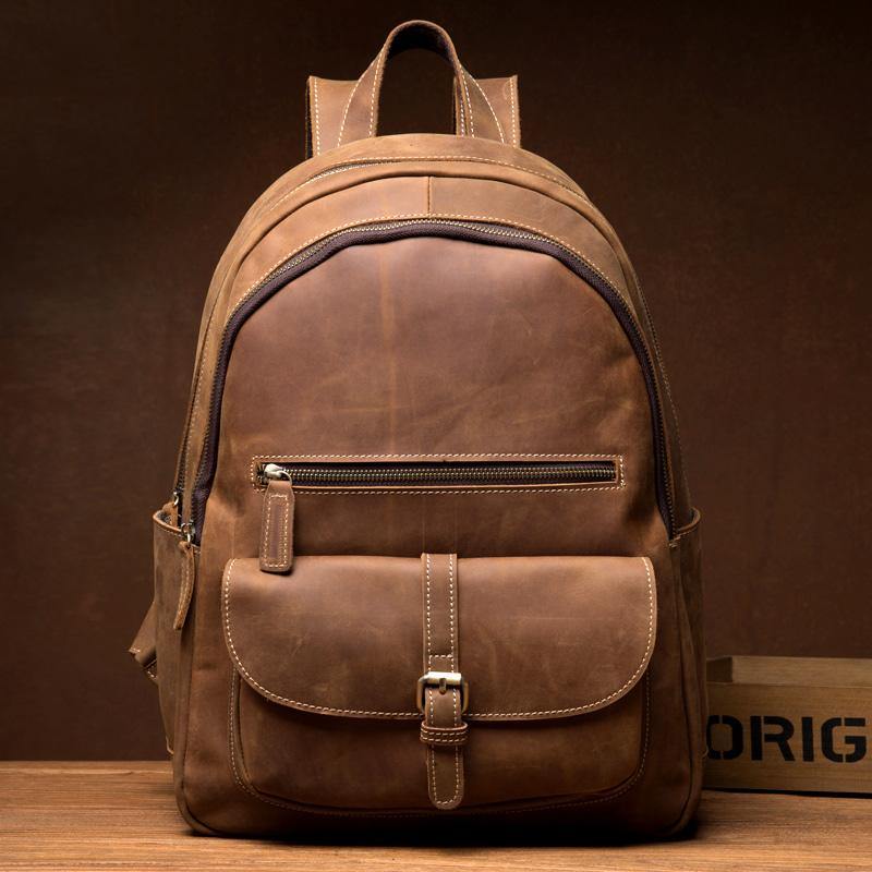 Fashion Brown Mens Leather 14-inch Large Laptop Backpacks Brown Travel Backpacks School Backpack for men