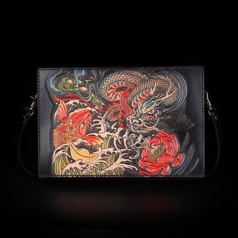 Handmade Black Tooled Dragon Carp Leather Messenger Bag Side Bag Clutch Wristlet Bag For Men