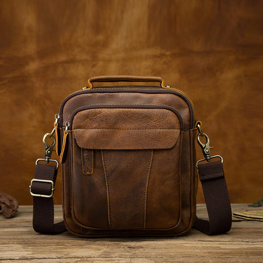 Vintage Brown Leather Mens Small Vertical Messenger Bag Side Bag Courier Bag Handbag For Men