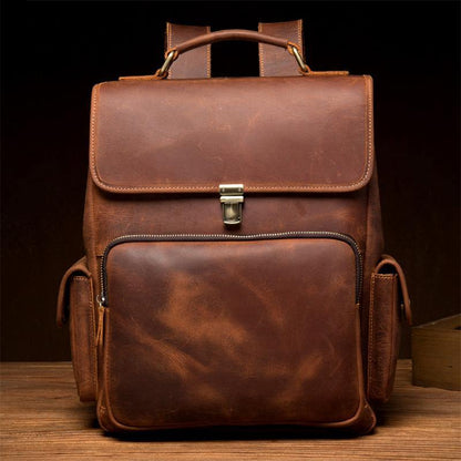 Brown Casual Leather Mens 13 inches School Backpack Travel Backpack Computer Backpack for Men