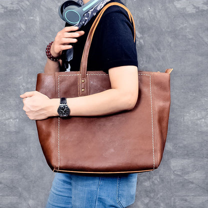 Leather Mens Womens 15' Large Shoulder Bag Brown Tote Bag Large Side Bag Dark Coffee Handbag For Men