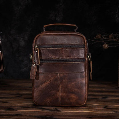 Leather Mens Small Vertical Courier Bag Shoulder Bag Side Bag Brown Courier Bag for Men