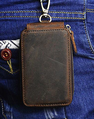 Vintage Leather Mens Small Key Zipper Wallets Cool Card Wallet for Men