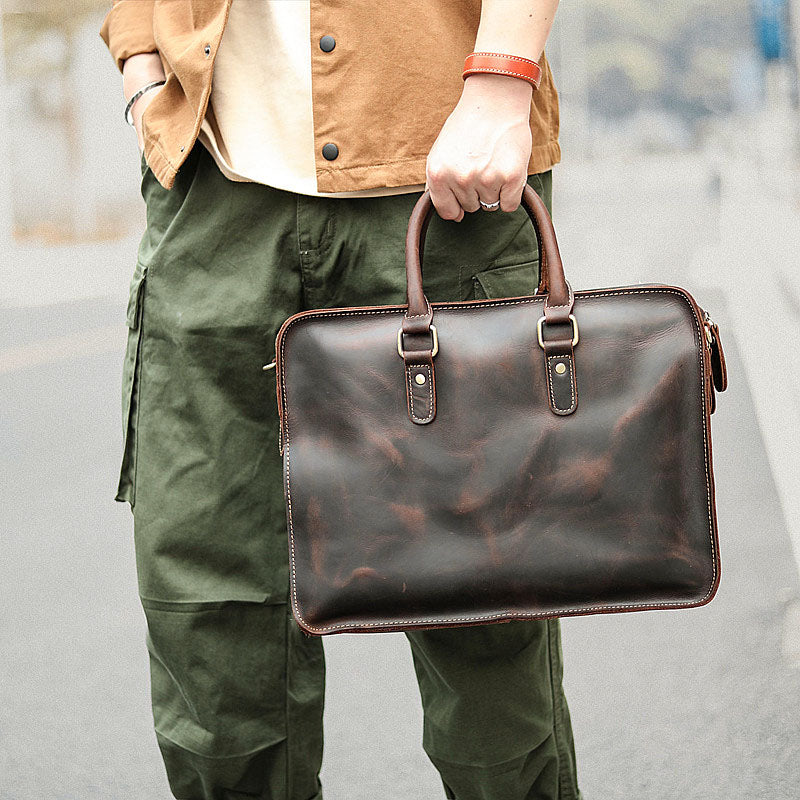 Vintage Dark Brown Leather Mens 14 inches Briefcase Black Work Briefcase Handbags For Men