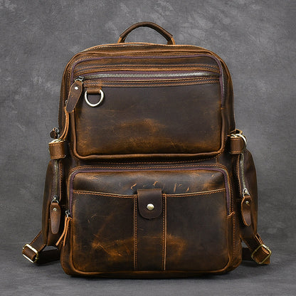 Brown Leather Mens 14' Laptop Hiking Backpack Travel Backpack College Backpack for Men