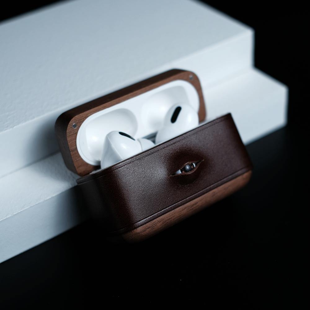 手工綠色皮革木質 AirPods 1,2 保護套帶眼睛訂製皮革 AirPods 1,2 保護套 Airpod 保護套